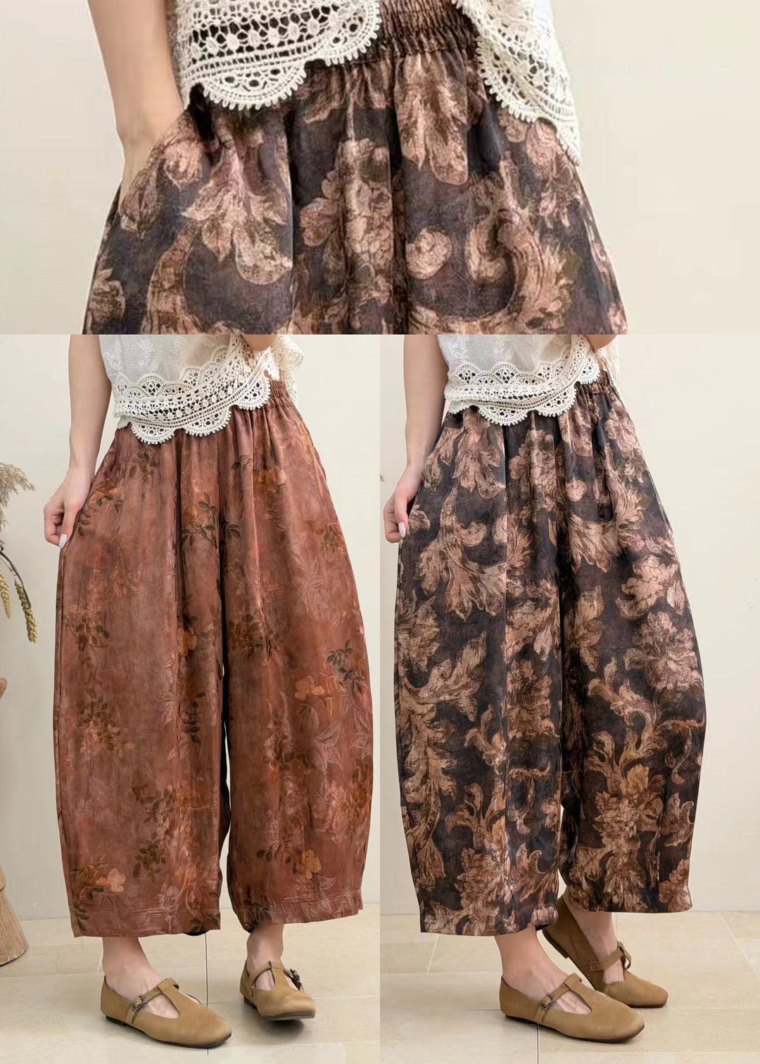 Casual Rust Brown Pockets Print Draping Harem Crop Pants Summer