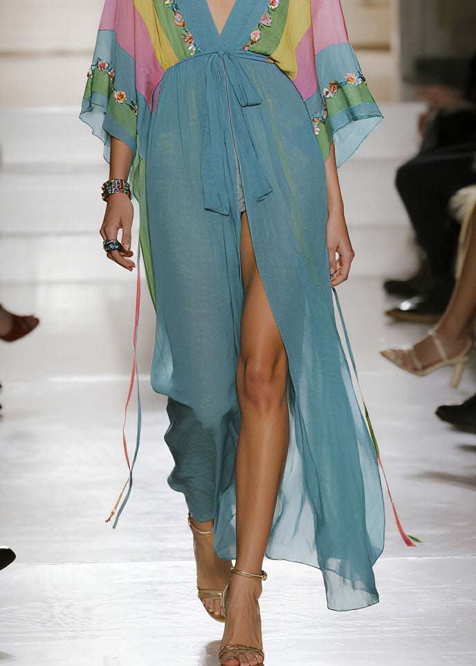 Casual Sea Blue Oversized Print Chiffon Cardigan Summer