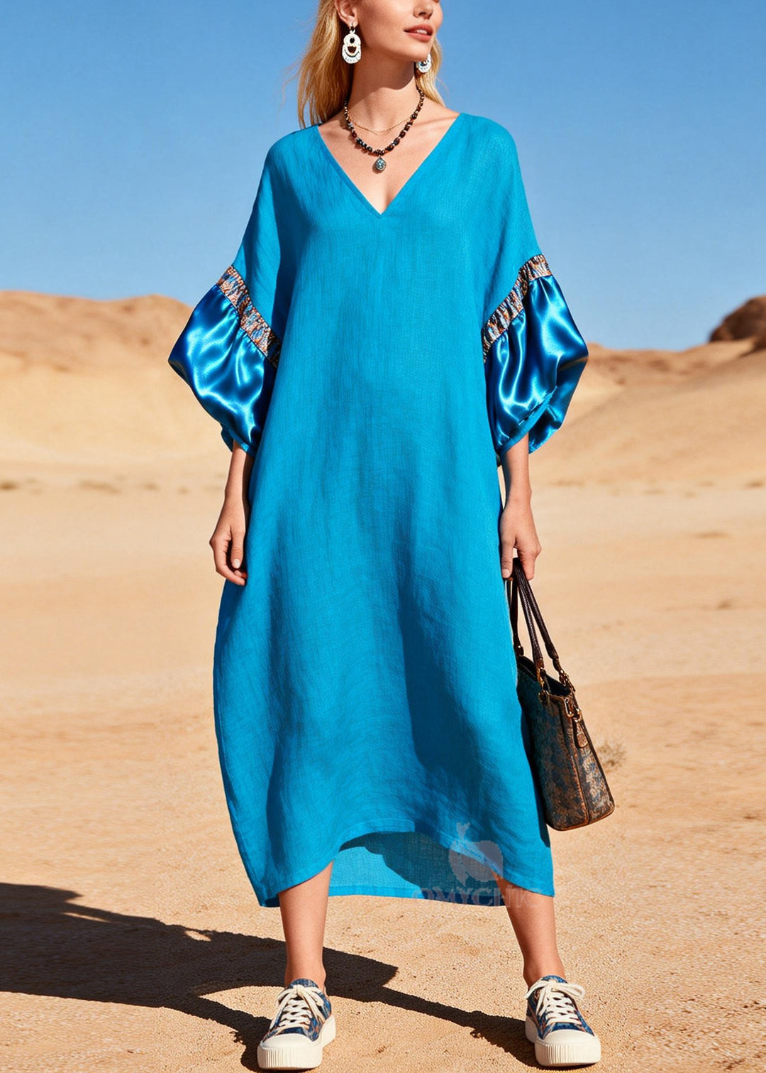 Casual Sea Blue V Neck Patchwork Cotton Maxi Dress Lantern Sleeve