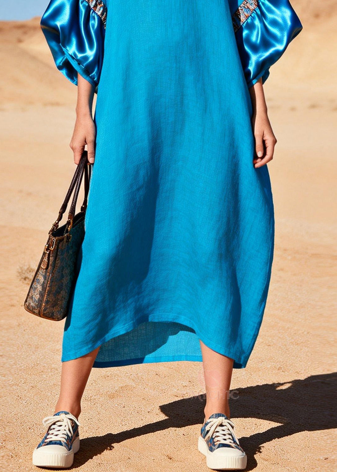 Casual Sea Blue V Neck Patchwork Cotton Maxi Dress Lantern Sleeve