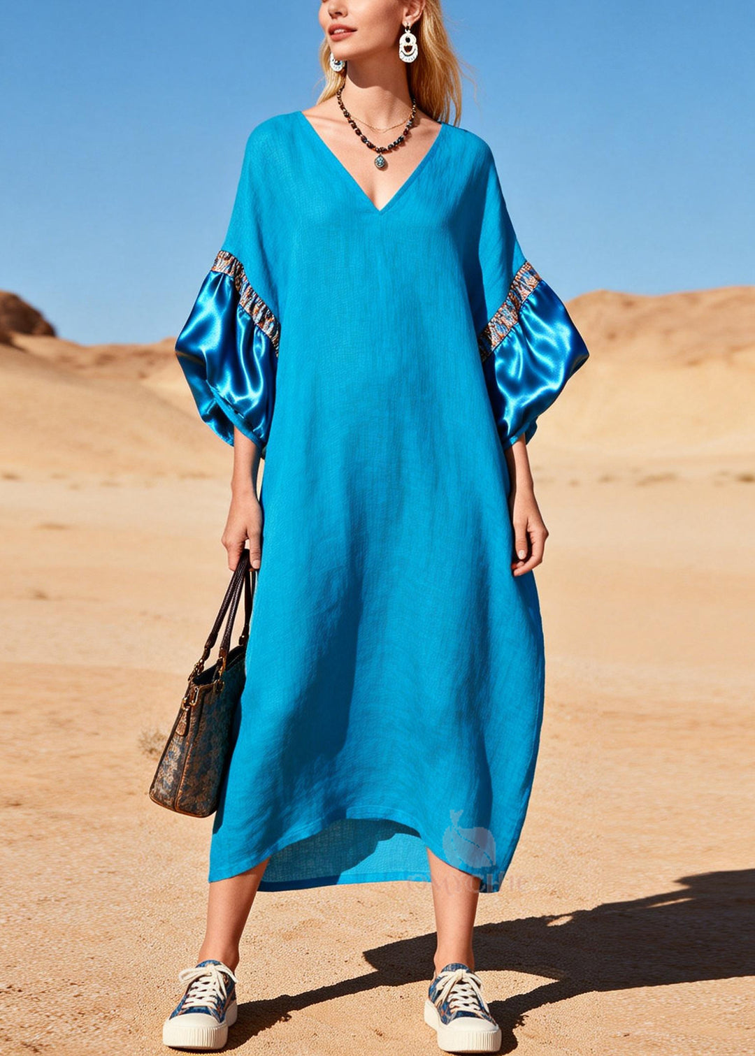 Casual Sea Blue V Neck Patchwork Cotton Maxi Dress Lantern Sleeve