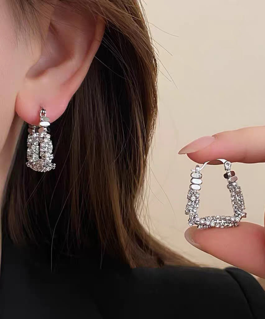 Casual Silk Copper Alloy Zircon Broken Silver Hoop Earrings