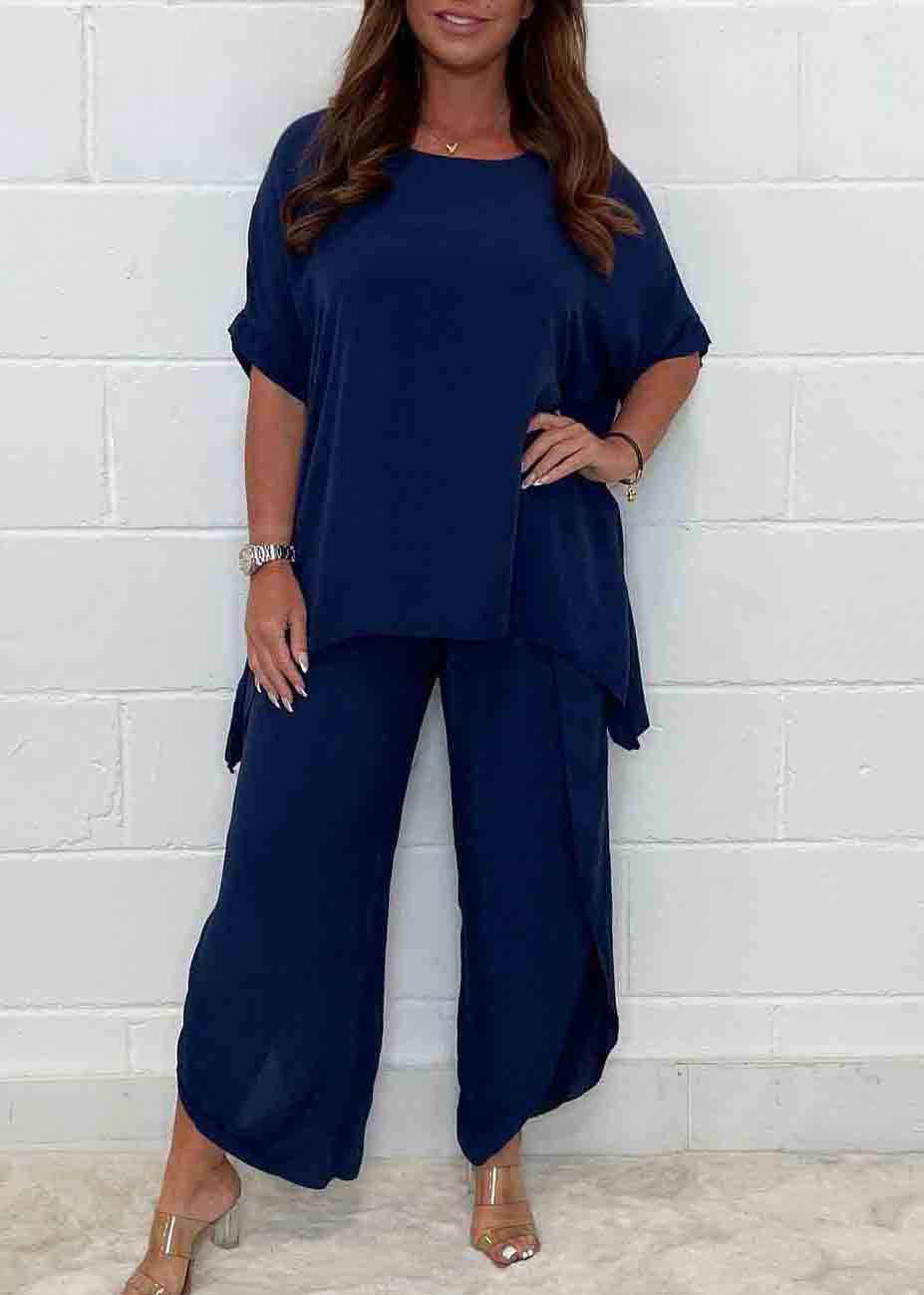 Casual Solid Color Oversized Side Open Linen Two Pieces Set Summer