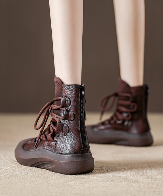 Casual Splicing Platform Boots Black Cowhide Leather Lace Up