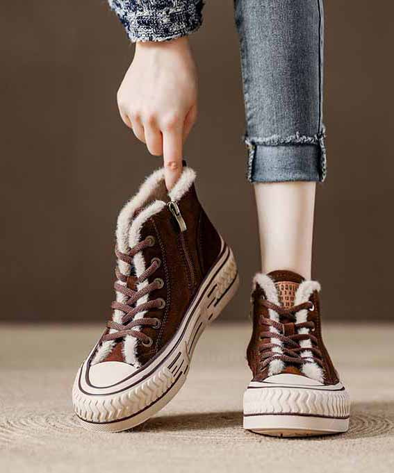 Casual Splicing Platform Flats Red Cowhide Leather Fuzzy Wool Lined