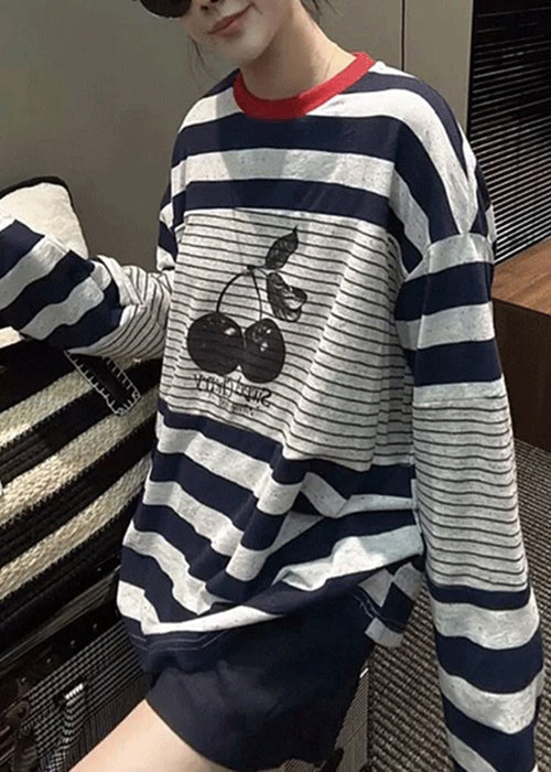 Casual Striped Print Patchwork Cotton T Shirt Tops Fall