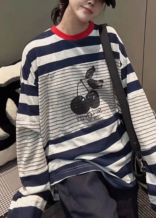 Casual Striped Print Patchwork Cotton T Shirt Tops Fall