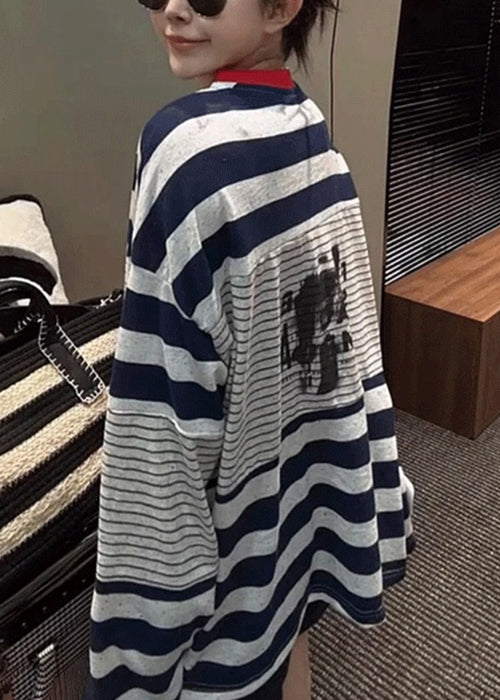 Casual Striped Print Patchwork Cotton T Shirt Tops Fall