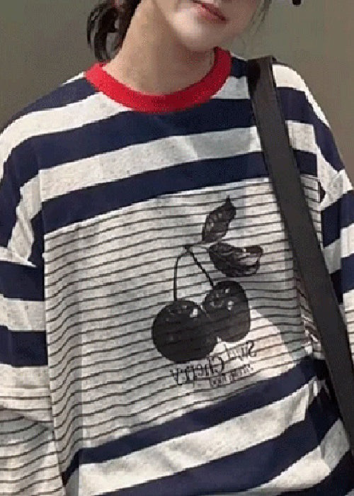 Casual Striped Print Patchwork Cotton T Shirt Tops Fall