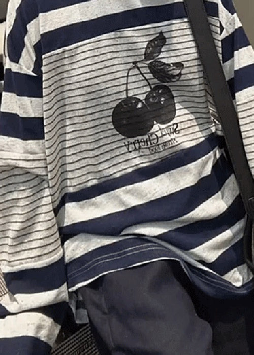 Casual Striped Print Patchwork Cotton T Shirt Tops Fall