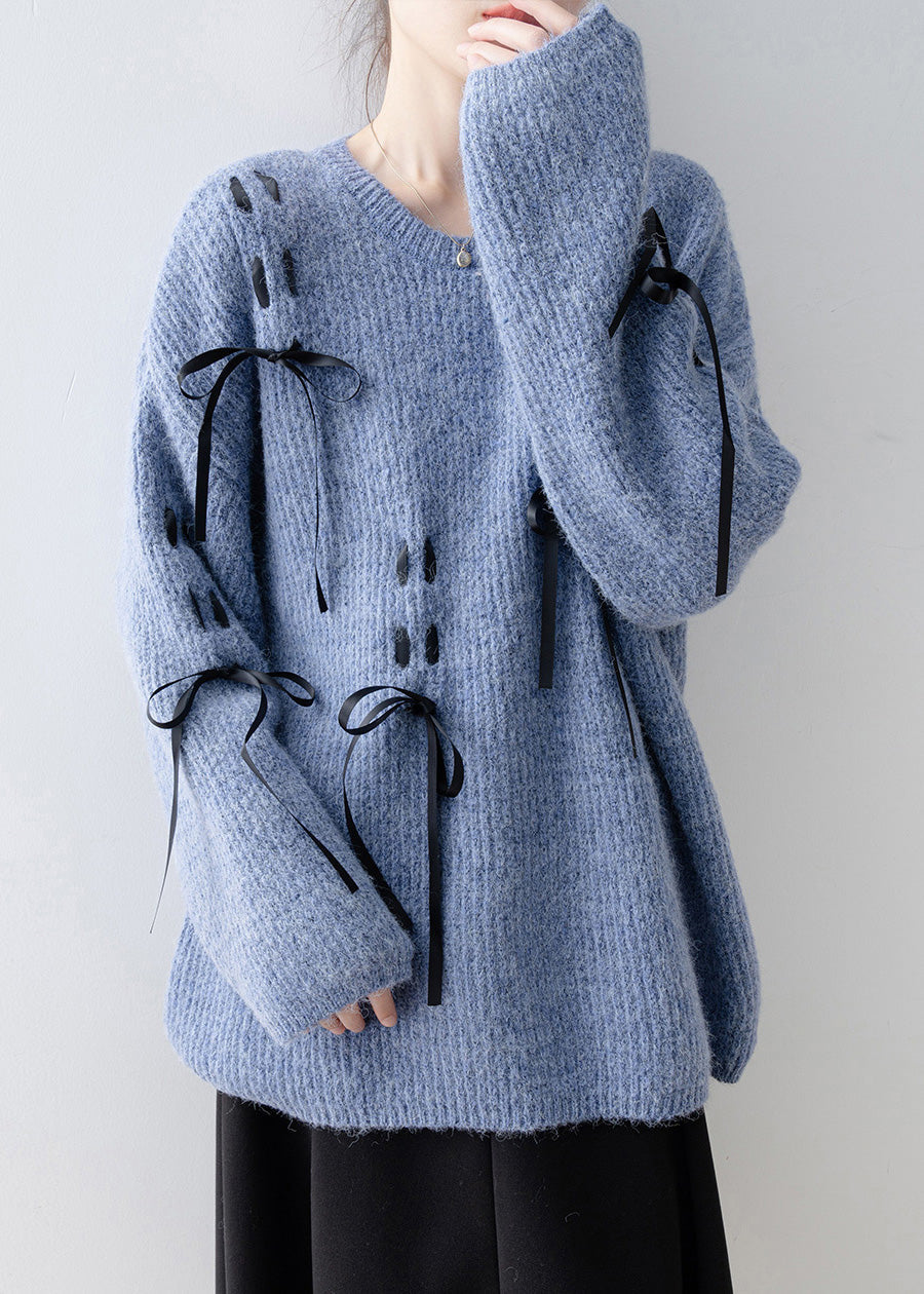 Casual Style Blue O Neck Bow Knit Sweaters Spring