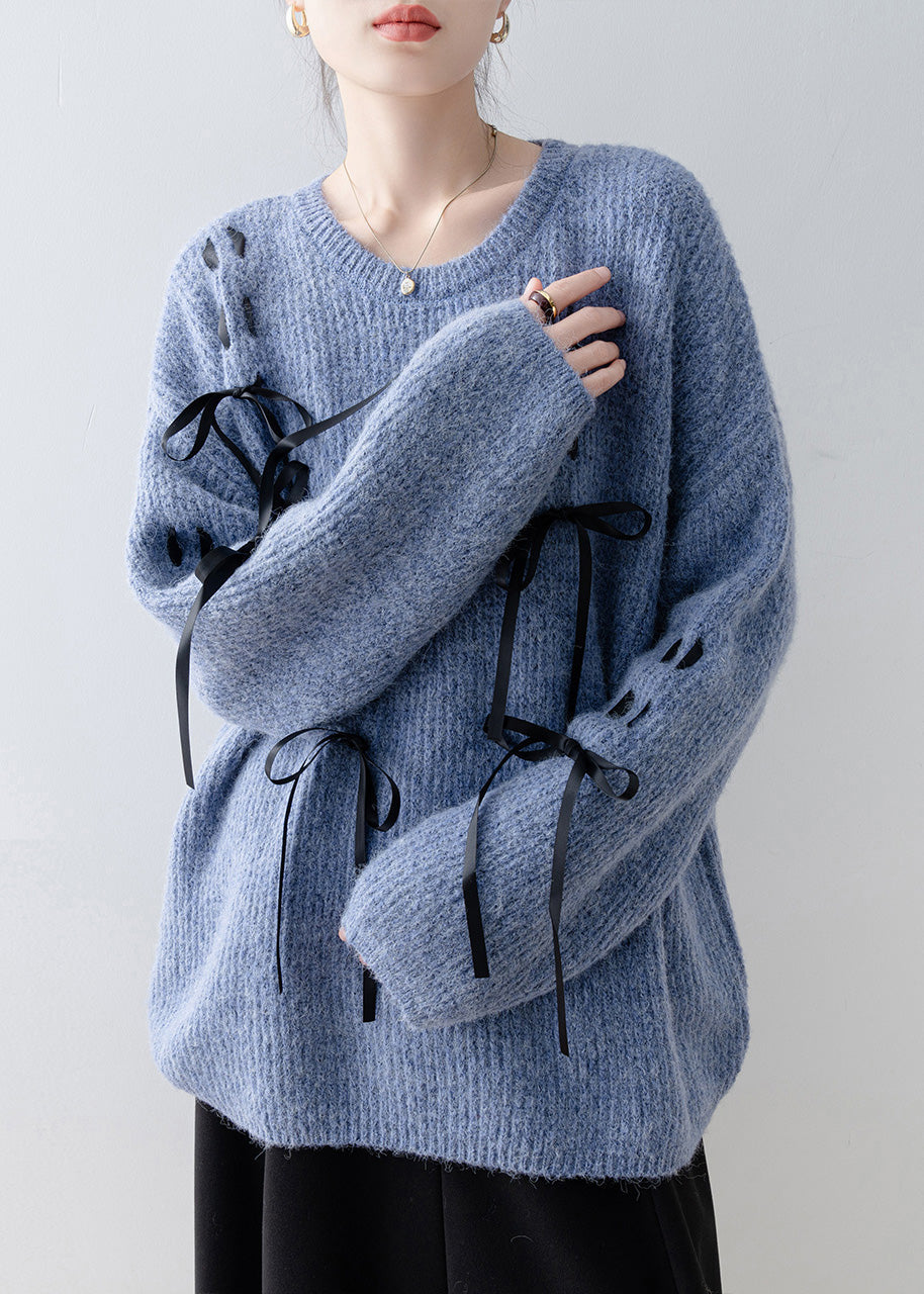 Casual Style Blue O Neck Bow Knit Sweaters Spring