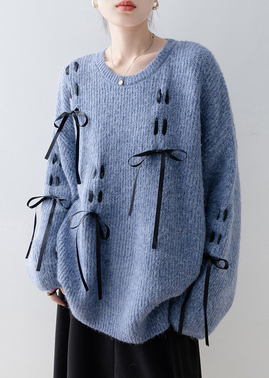Casual Style Blue O Neck Bow Knit Sweaters Spring