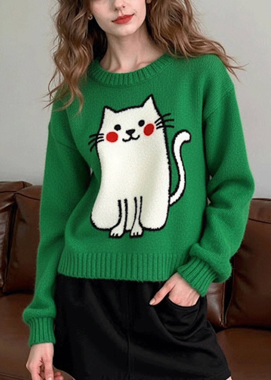 Casual Tea Green Oversized Cat Knit Sweater Tops Winter