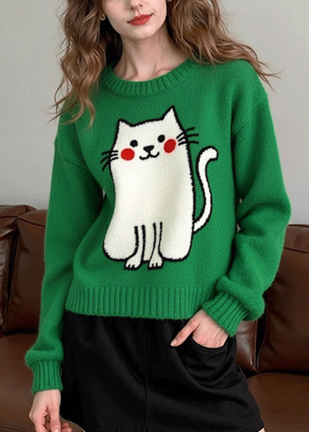 Casual Tea Green Oversized Cat Knit Sweater Tops Winter