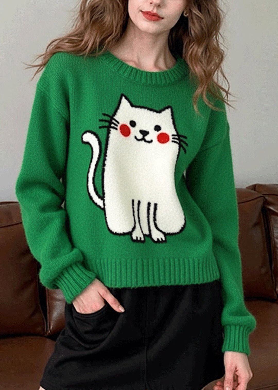 Casual Tea Green Oversized Cat Knit Sweater Tops Winter