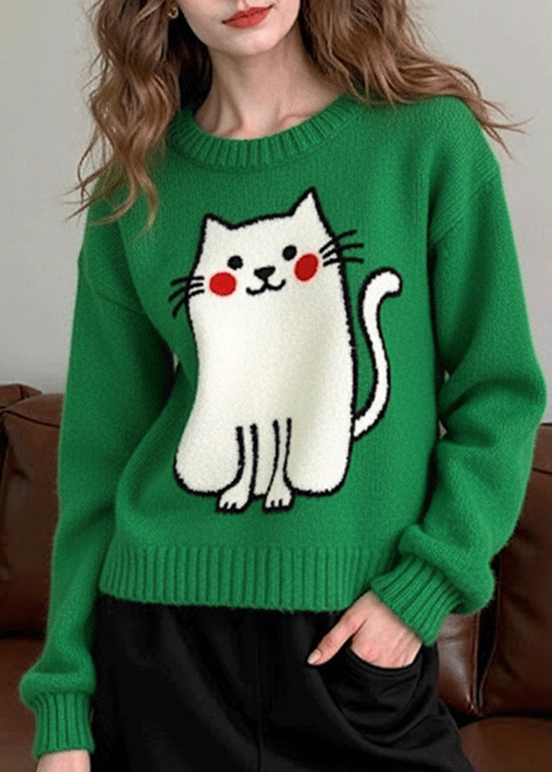 Casual Tea Green Oversized Cat Knit Sweater Tops Winter