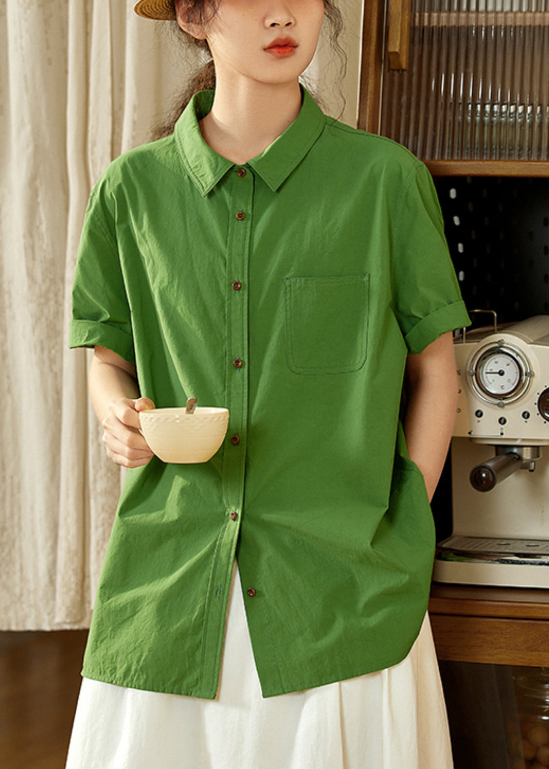 Casual Tea Green Oversized Cotton Top Summer