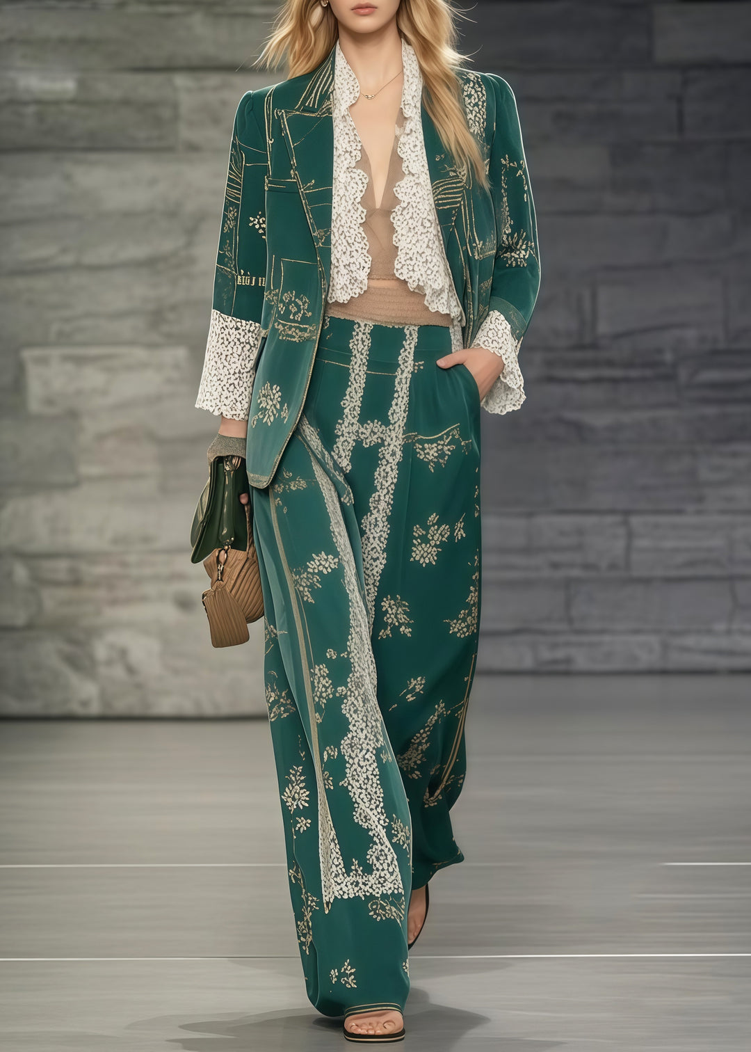 Casual Tea Green Print Patchwork Lace Two Pieces Set Oversized Spring