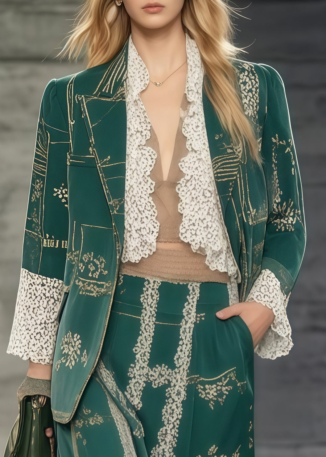 Casual Tea Green Print Patchwork Lace Two Pieces Set Oversized Spring