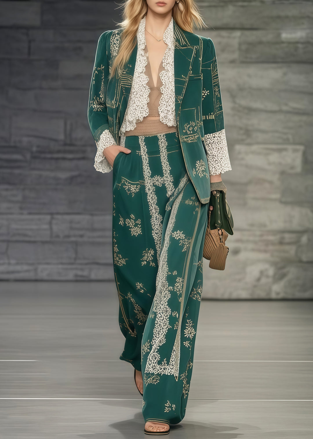 Casual Tea Green Print Patchwork Lace Two Pieces Set Oversized Spring