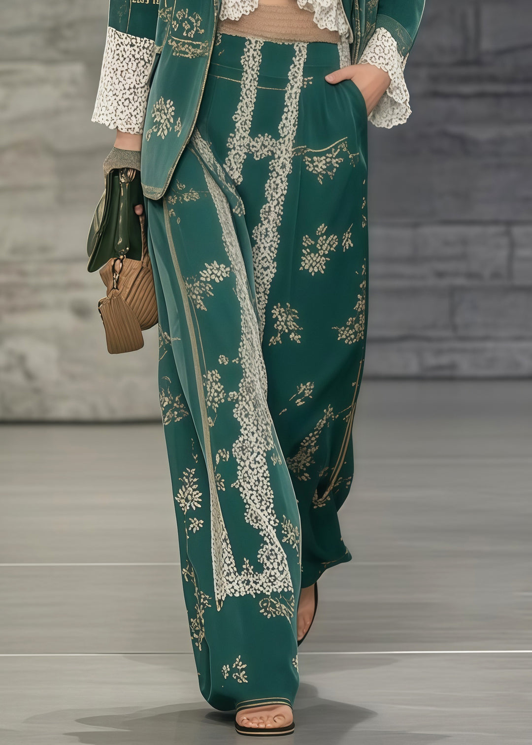 Casual Tea Green Print Patchwork Lace Two Pieces Set Oversized Spring