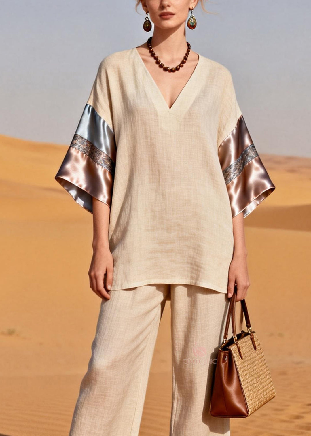 Casual V Neck Patchwork Linen Silk Women Sets 2 Pieces Summer