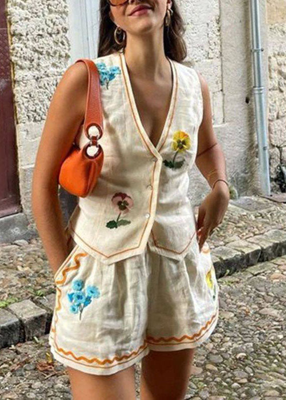 Casual V Neck Print Pockets Cotton Two Pieces Set Summer