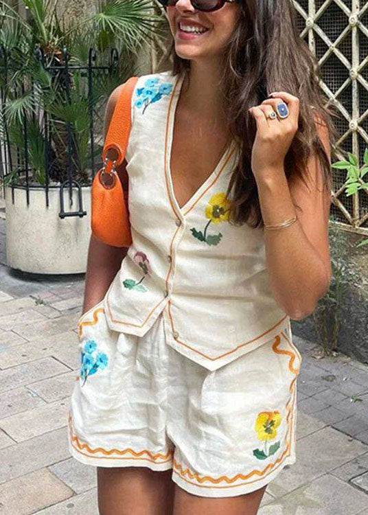 Casual V Neck Print Pockets Cotton Two Pieces Set Summer