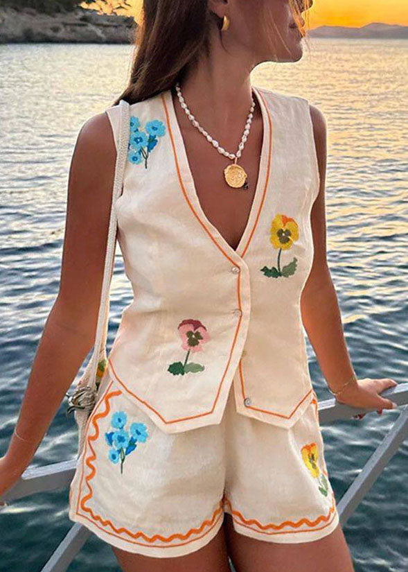 Casual V Neck Print Pockets Cotton Two Pieces Set Summer
