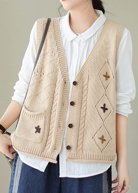 Casual Versatile Beige V Neck Embroideried Knit Vest Fall