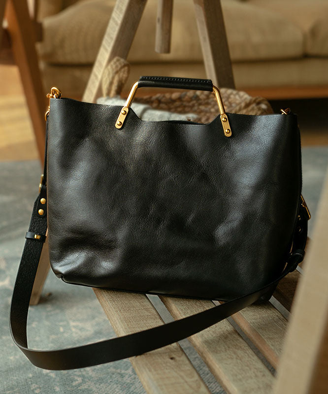 Casual Versatile Black Calf Leather Tote Bag