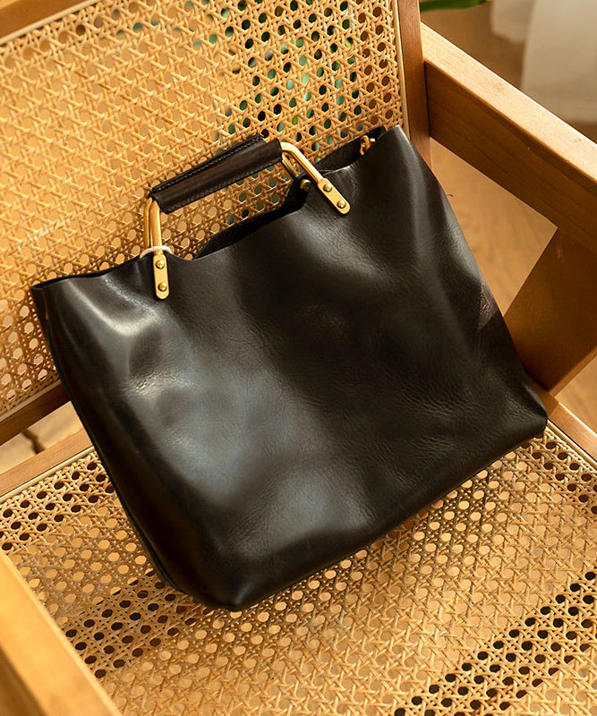 Casual Versatile Black Calf Leather Tote Bag