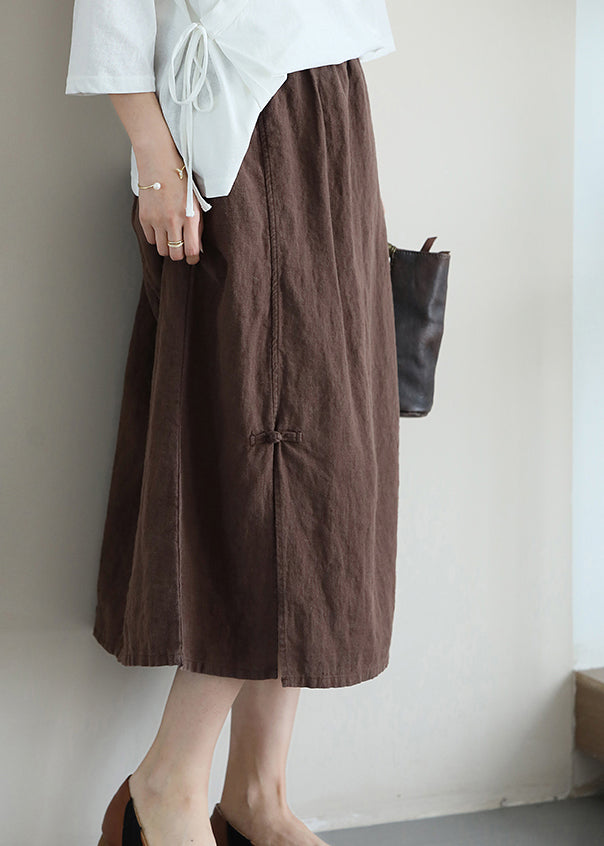 Casual Versatile Coffee Chinese Button Linen Skirt Summer