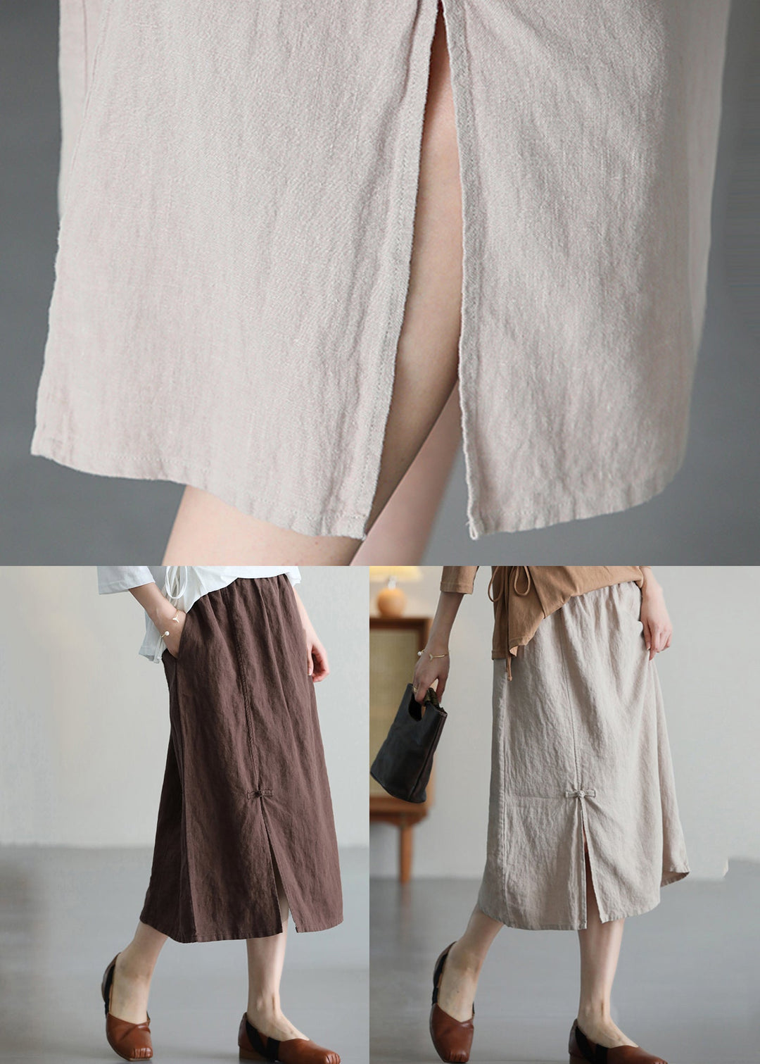 Casual Versatile Coffee Chinese Button Linen Skirt Summer
