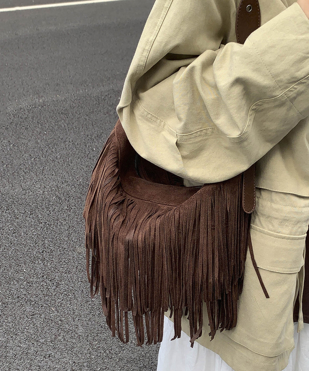 Casual Versatile Coffee Tassel Suede Crossbody Bag
