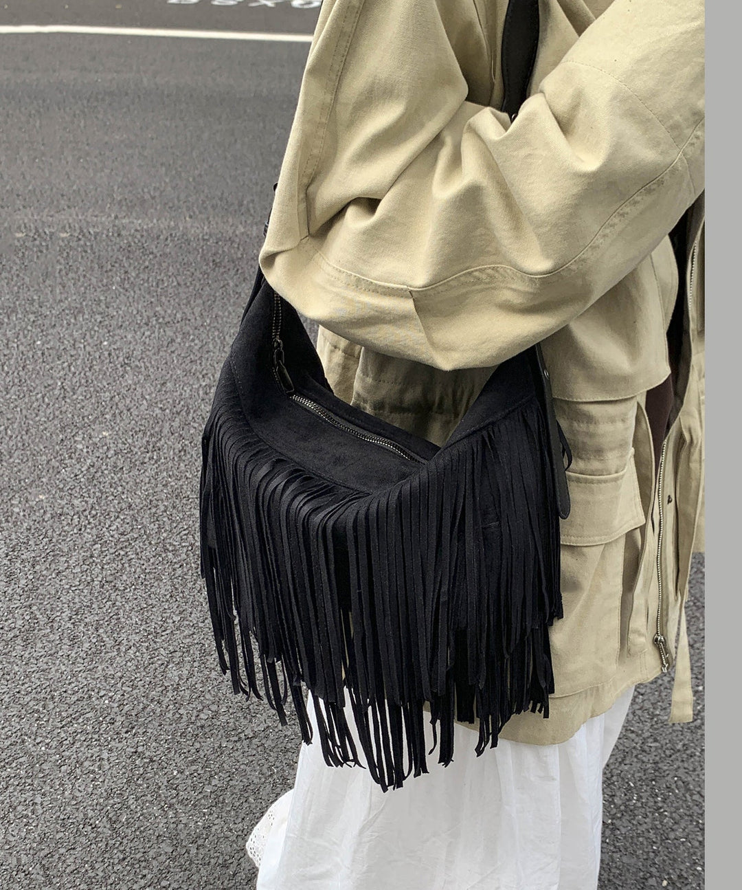 Casual Versatile Coffee Tassel Suede Crossbody Bag