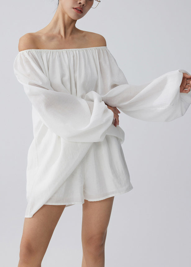 Casual White Cold Shoulder Cotton Tops And Shorts Two Pieces Set Summer