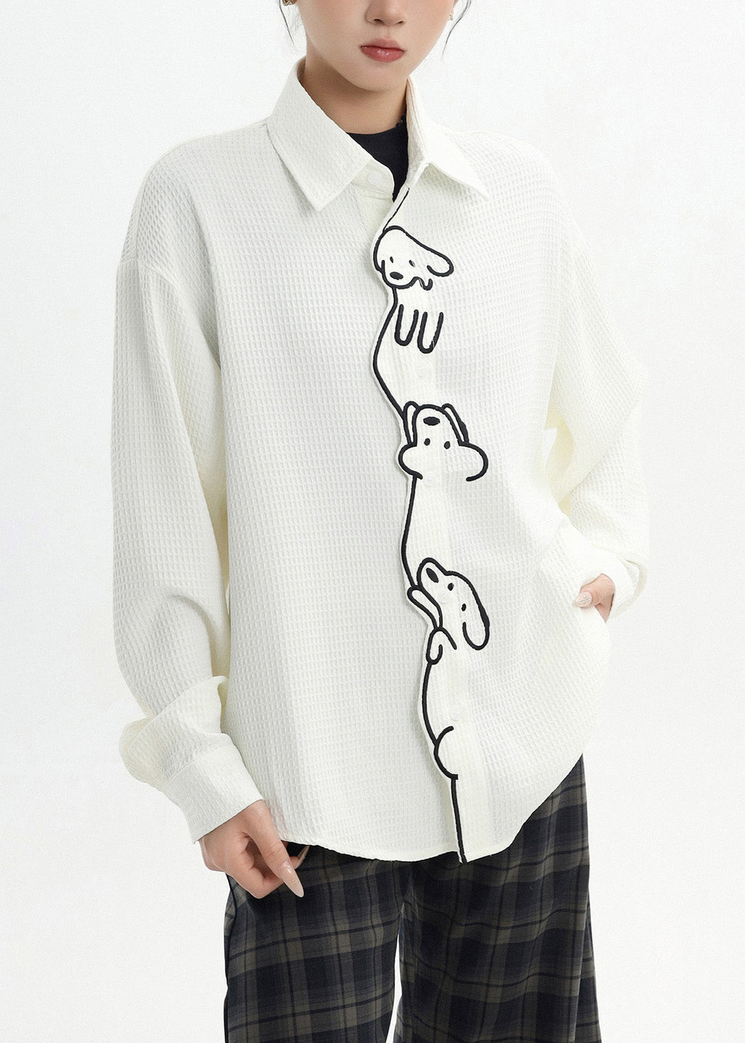 Casual White Cute Little Dog Embroidered Cotton Shirt Spring