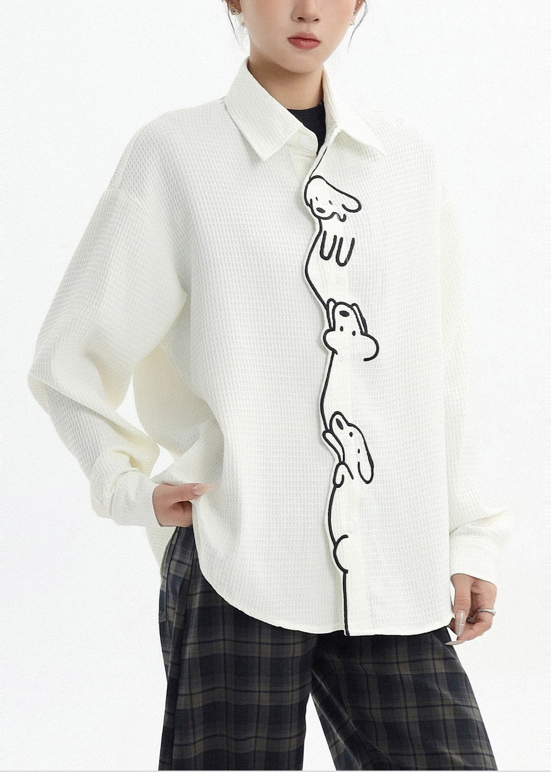 Casual White Cute Little Dog Embroidered Cotton Shirt Spring