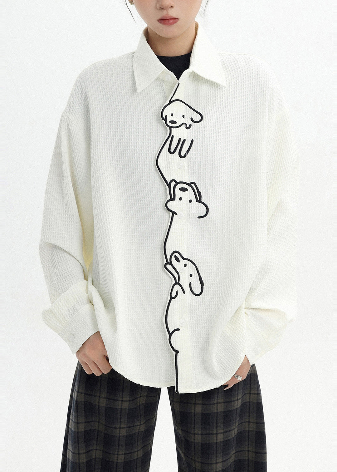 Casual White Cute Little Dog Embroidered Cotton Shirt Spring