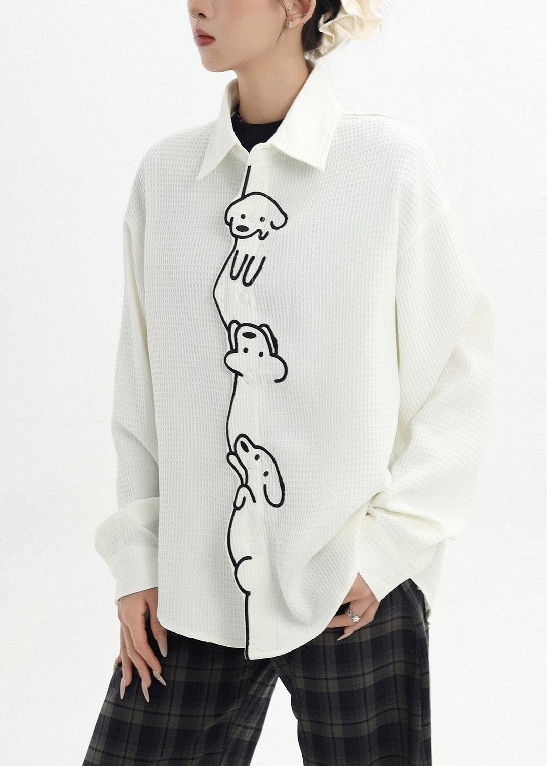 Casual White Cute Little Dog Embroidered Cotton Shirt Spring