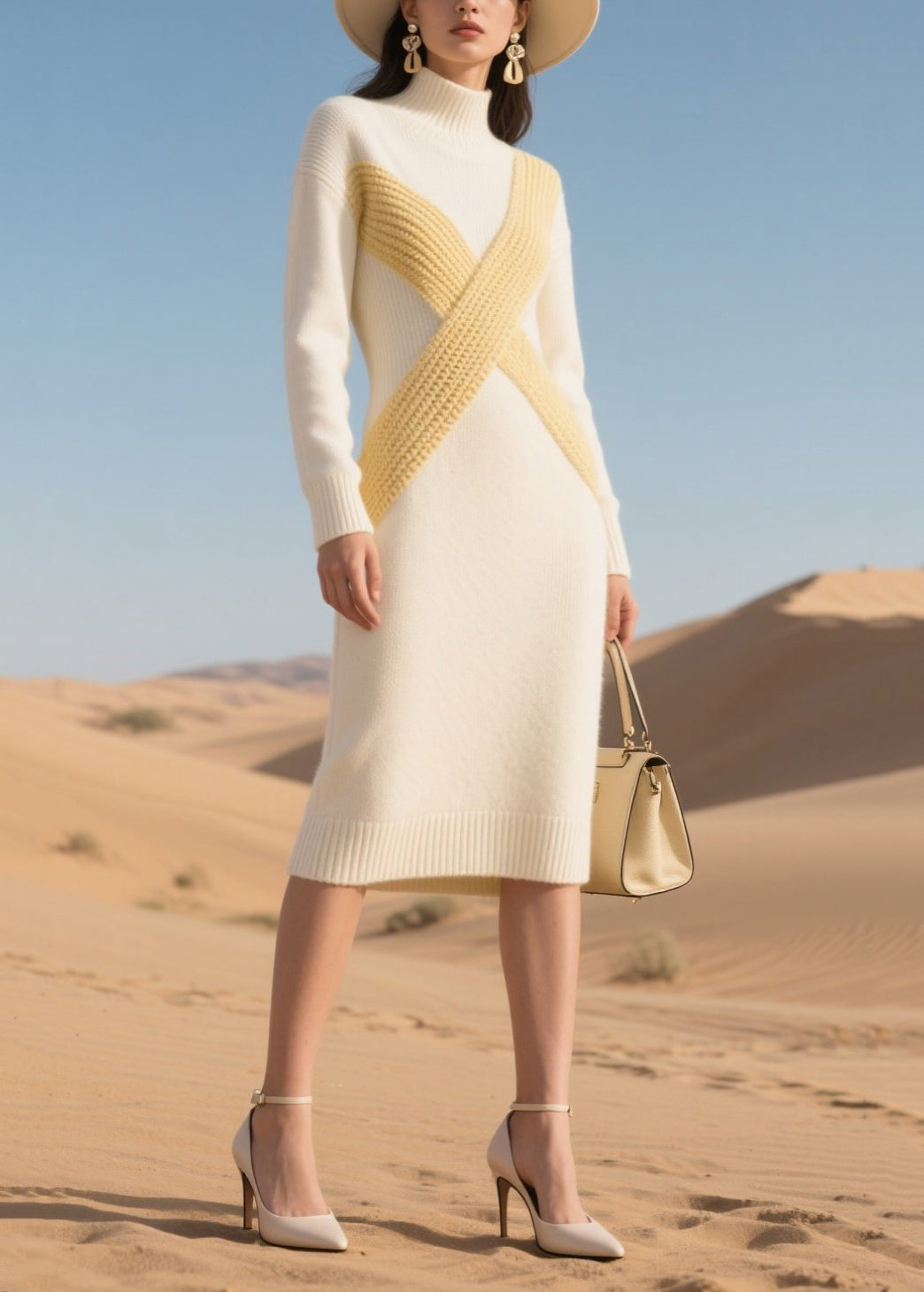 Casual White High Neck Patchwork Knit Dress Winter