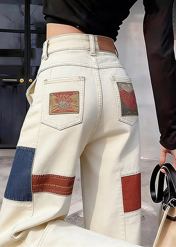 Casual White High Waist Pockets Print Straight Jeans Summer