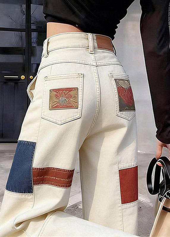 Casual White High Waist Pockets Print Straight Jeans Summer