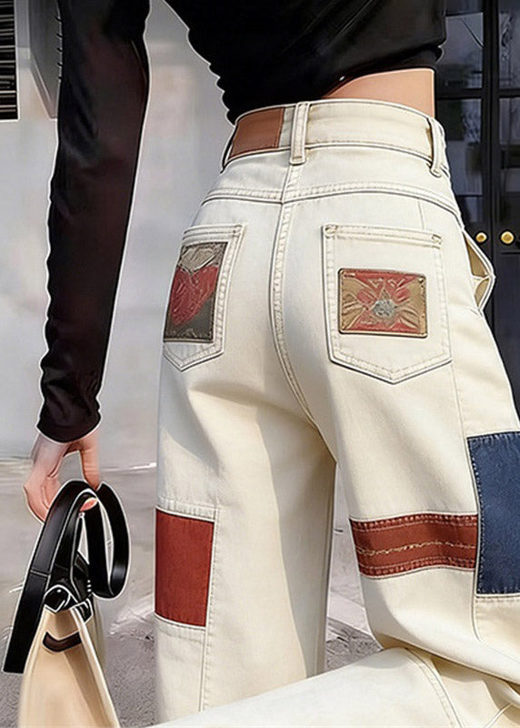 Casual White High Waist Pockets Print Straight Jeans Summer