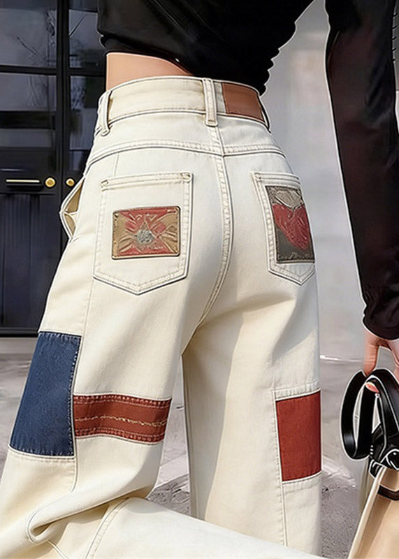 Casual White High Waist Pockets Print Straight Jeans Summer