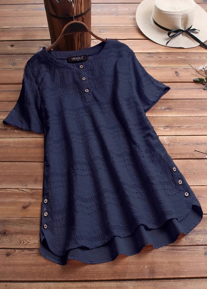 Casual White O Neck Embroidered Patchwork Cotton Top Summer