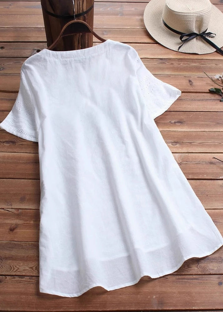 Casual White O Neck Embroidered Patchwork Cotton Top Summer