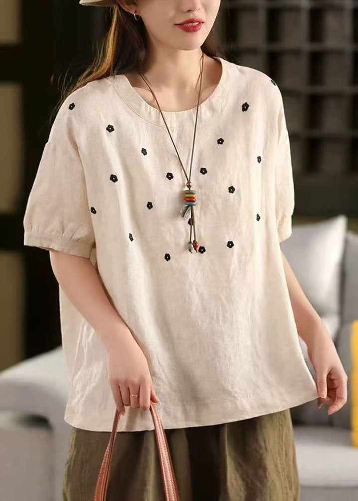 Casual White O-Neck Embroideried Linen Tops Summer